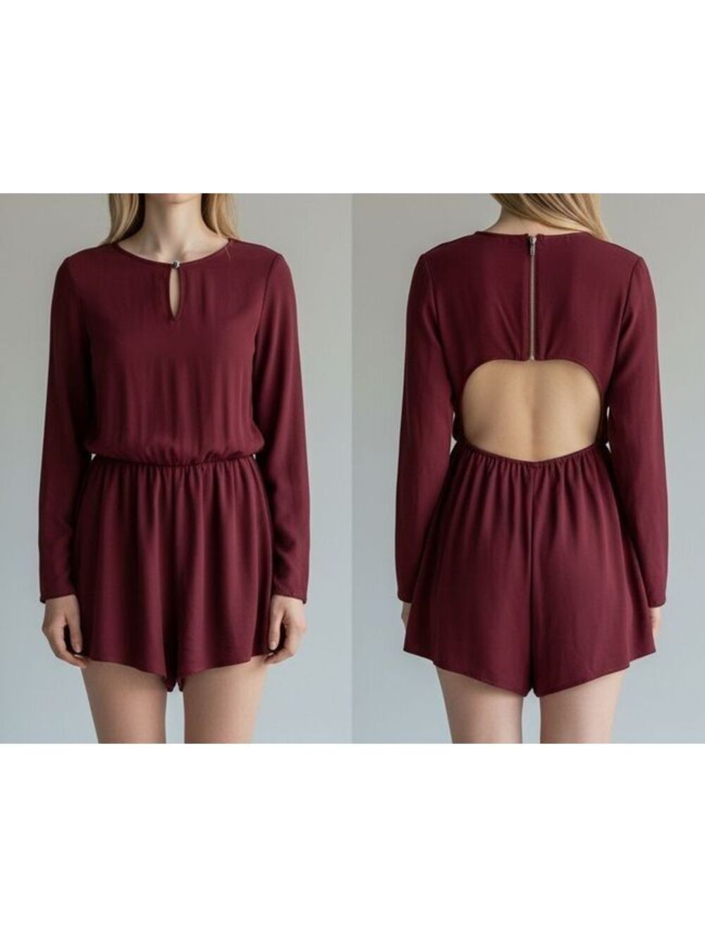 Women's Burgundy Long Sleeve Open Back Romper with Keyhole Detail